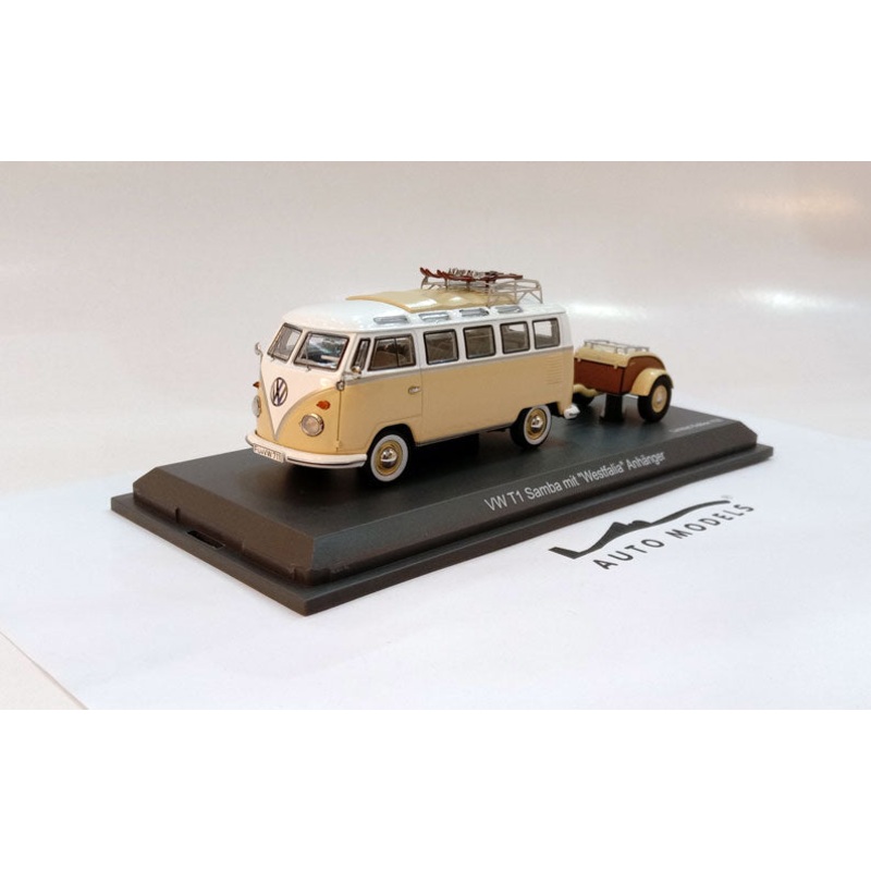 Schuco Volkswagen T1 Samba Minibus Closed Roof with Trailer & Ski Cream White