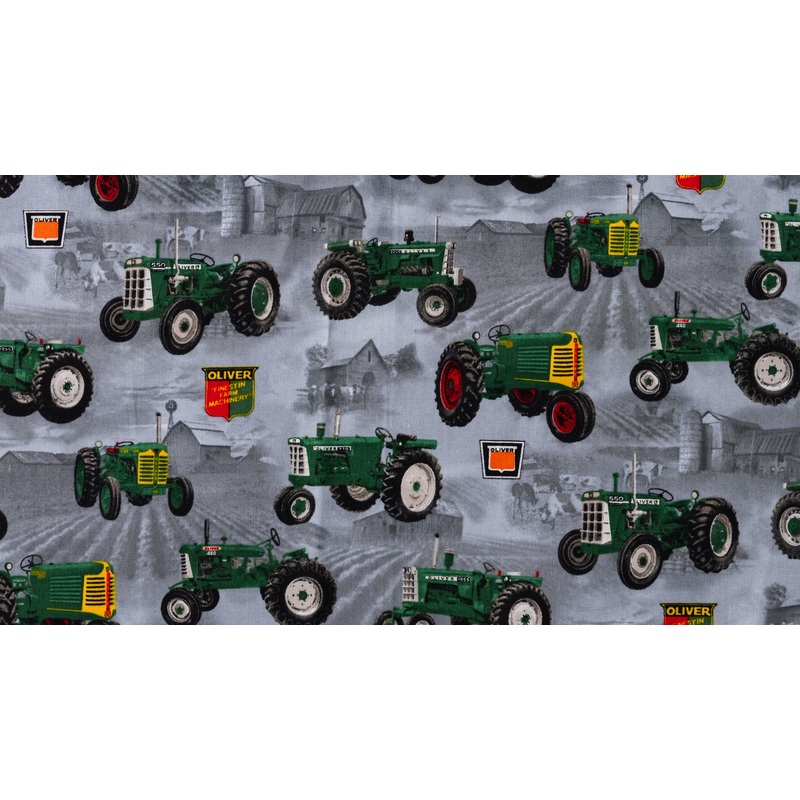 Oliver Tractor Toss Cotton Fabric, Light Gray
