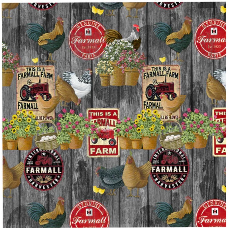 Farmall IH Tractor Fabric, Farmall Signs and Chickens, Gray